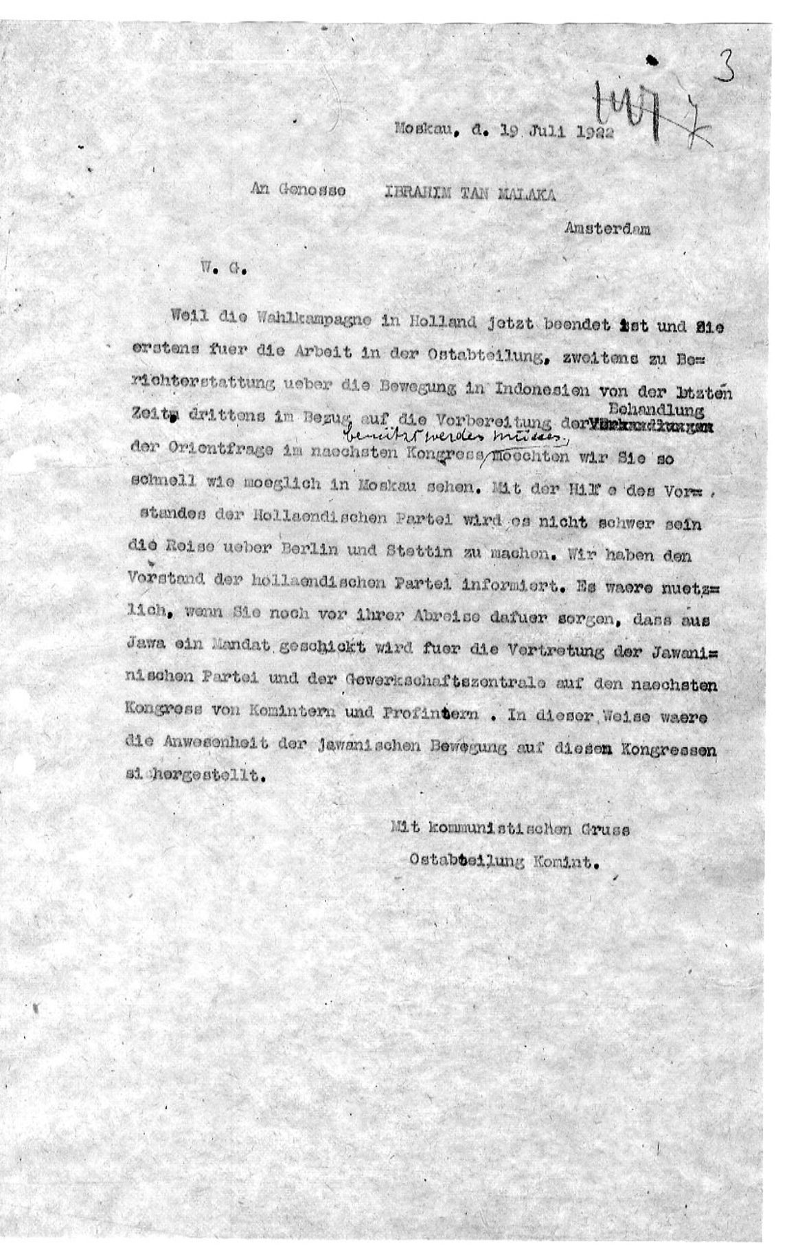 Letter of 19 July 1922 from the Comintern's Eastern Department to Tan Malaka