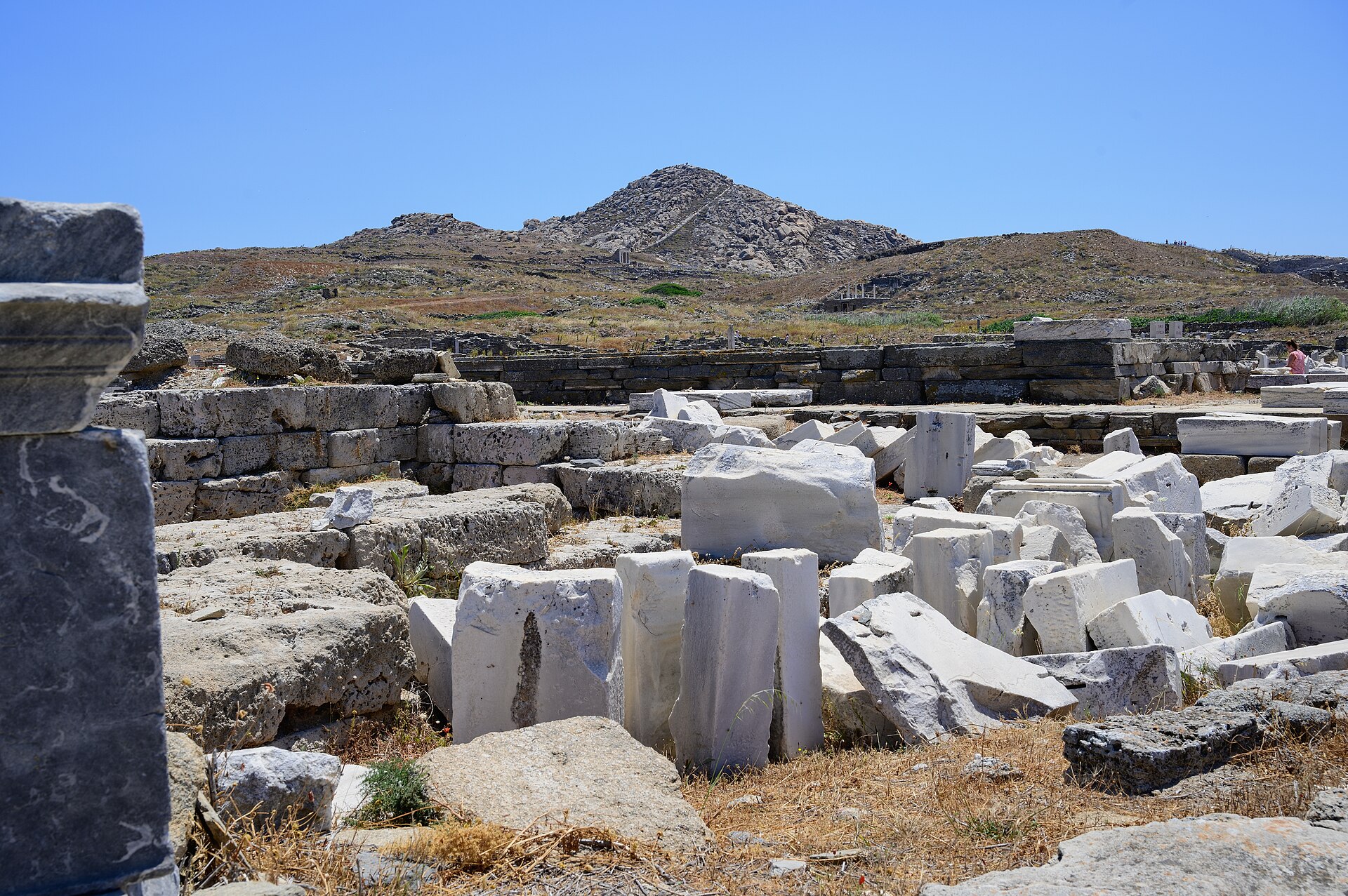 The Temple of the Athenians (left) and the Great Temple of Apollo of the Delians (right) at Delos