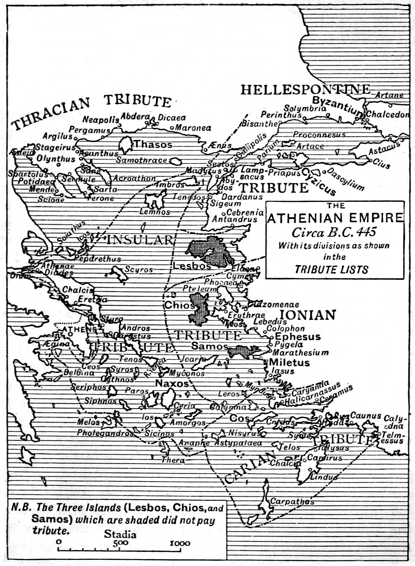 Map of the Athenian Empire in 445 BCE according to the tribute lists