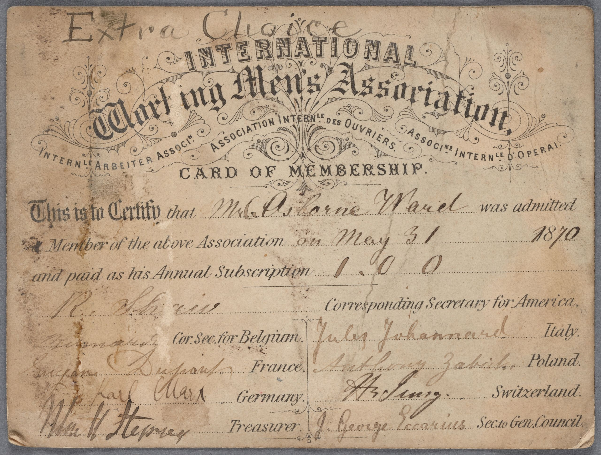 International Working Men's Association card of membership, 1870
