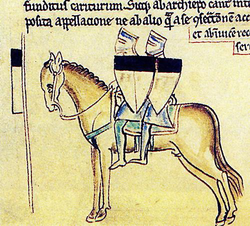 Matthew Paris's 13th-century drawing of two knights sharing one horse, the Templar emblem, from the Chronica Majora