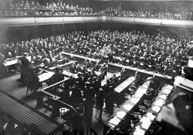 The League of Nations assembly hall seen from the speaker's rostrum during a Council session, March 1926