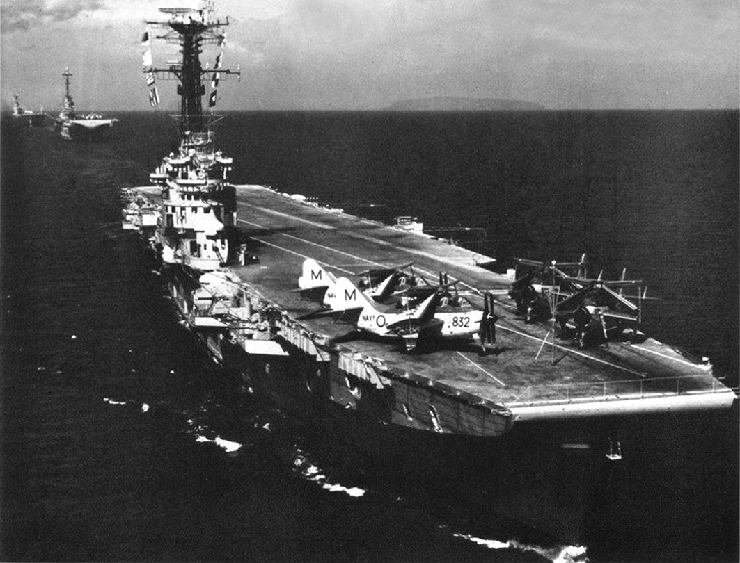 HMAS Melbourne leading USS Bennington and HMS Ark Royal during the SEATO exercise Sea Devil, 1962