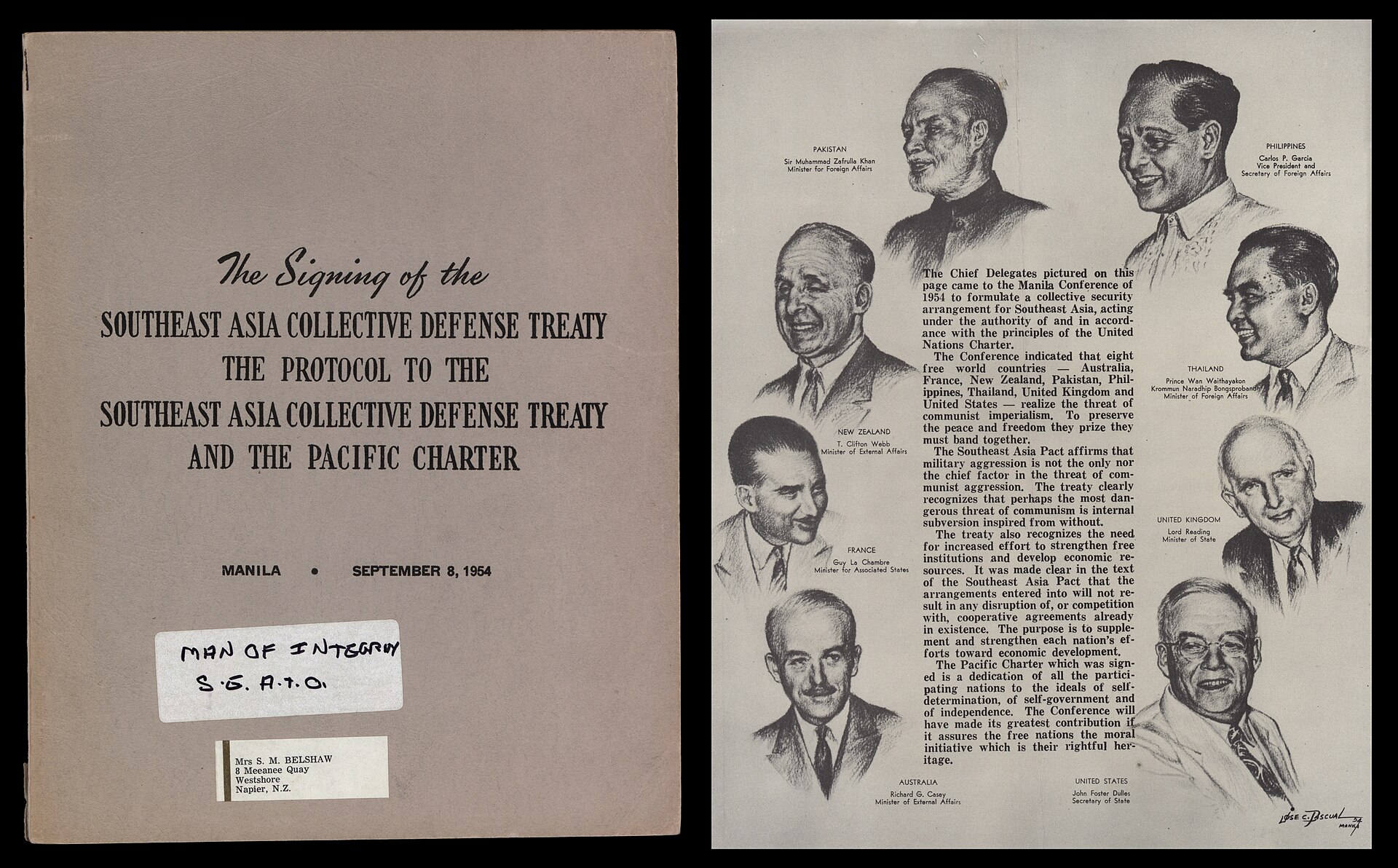 Conference publicity illustrations and brochure for the 1954 Manila Pact, from the papers of the New Zealand signatory Sir Thomas Clifton Webb