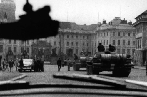 Soviet tanks and soldiers in Hradčany Square, Prague, 21 August 1968