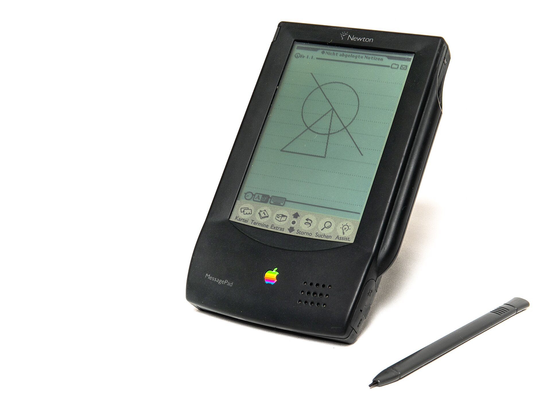 An Apple Newton MessagePad 100 with its stylus.