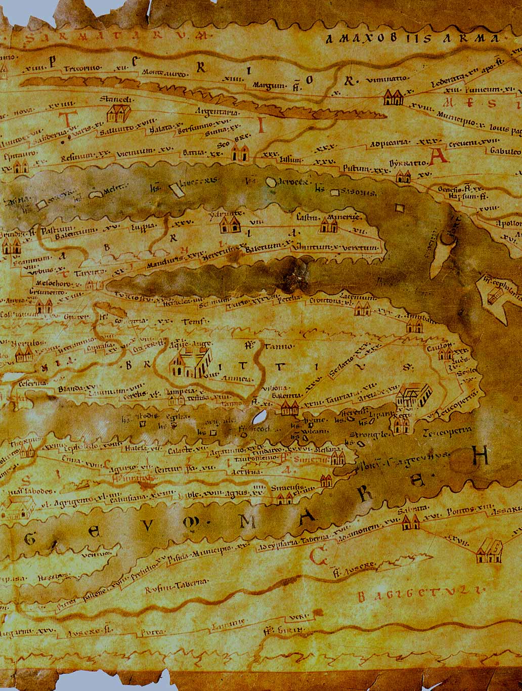 A segment of the Tabula Peutingeriana, the medieval copy of a Roman road map showing the post-road network