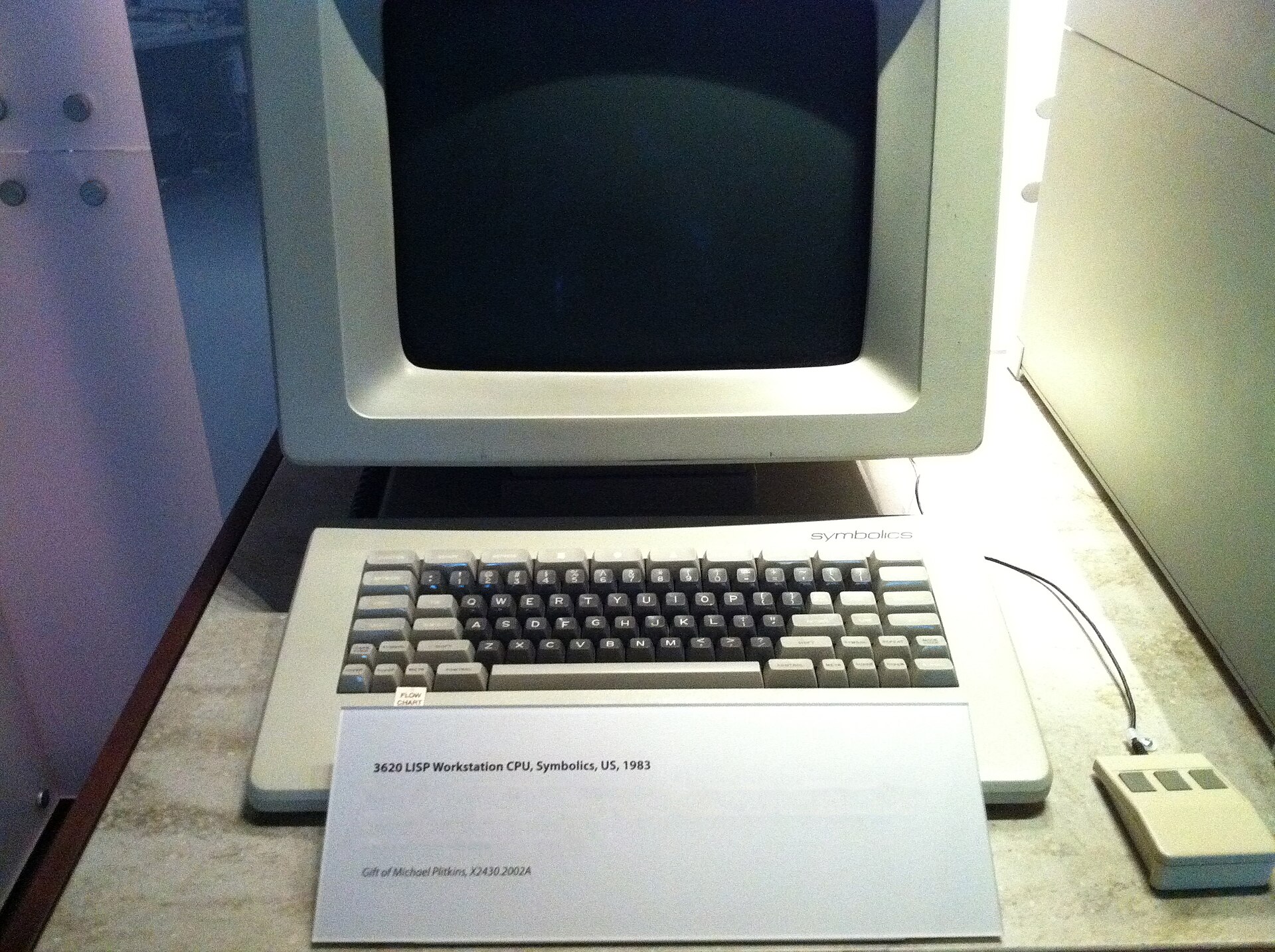 A Symbolics 3620 Lisp workstation on display at the Computer History Museum.
