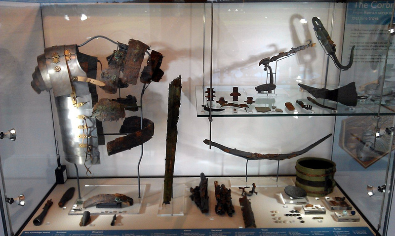 Original and reconstructed parts of lorica segmentata from the Corbridge hoard in Corbridge Museum.