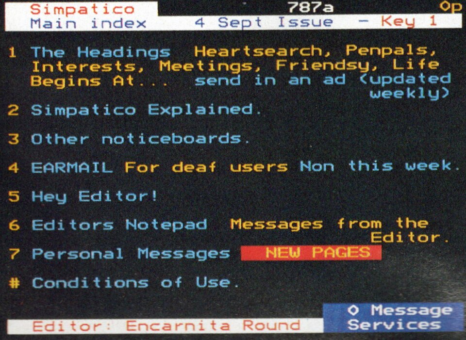 Entry page of Simpatico, a classified-ads service on Prestel, captured on 4 September 1985