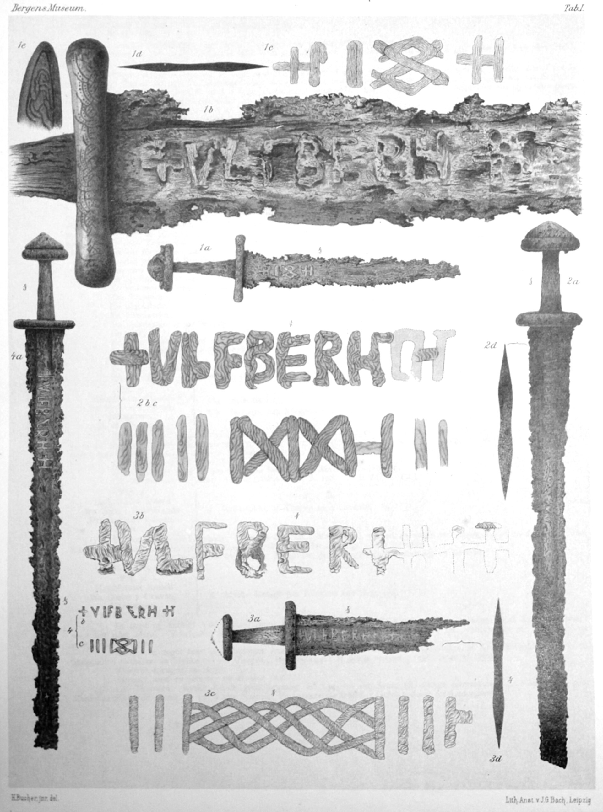 Plate I of Lorange (1889), drawings of Ulfberht swords from the Bergen Museum