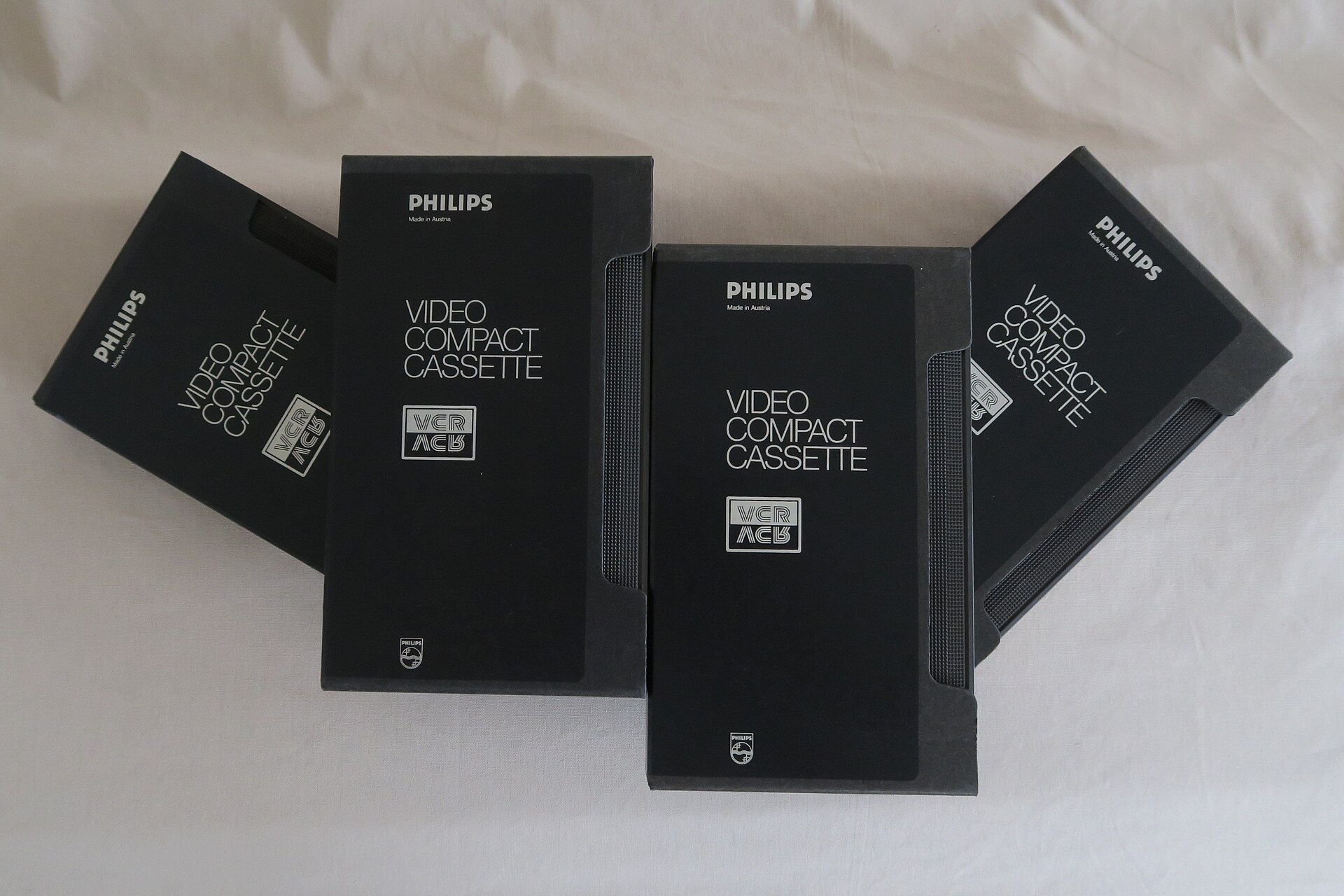 A Philips Video 2000 Video Compact Cassette, the flip-over tape that could be played on either side.