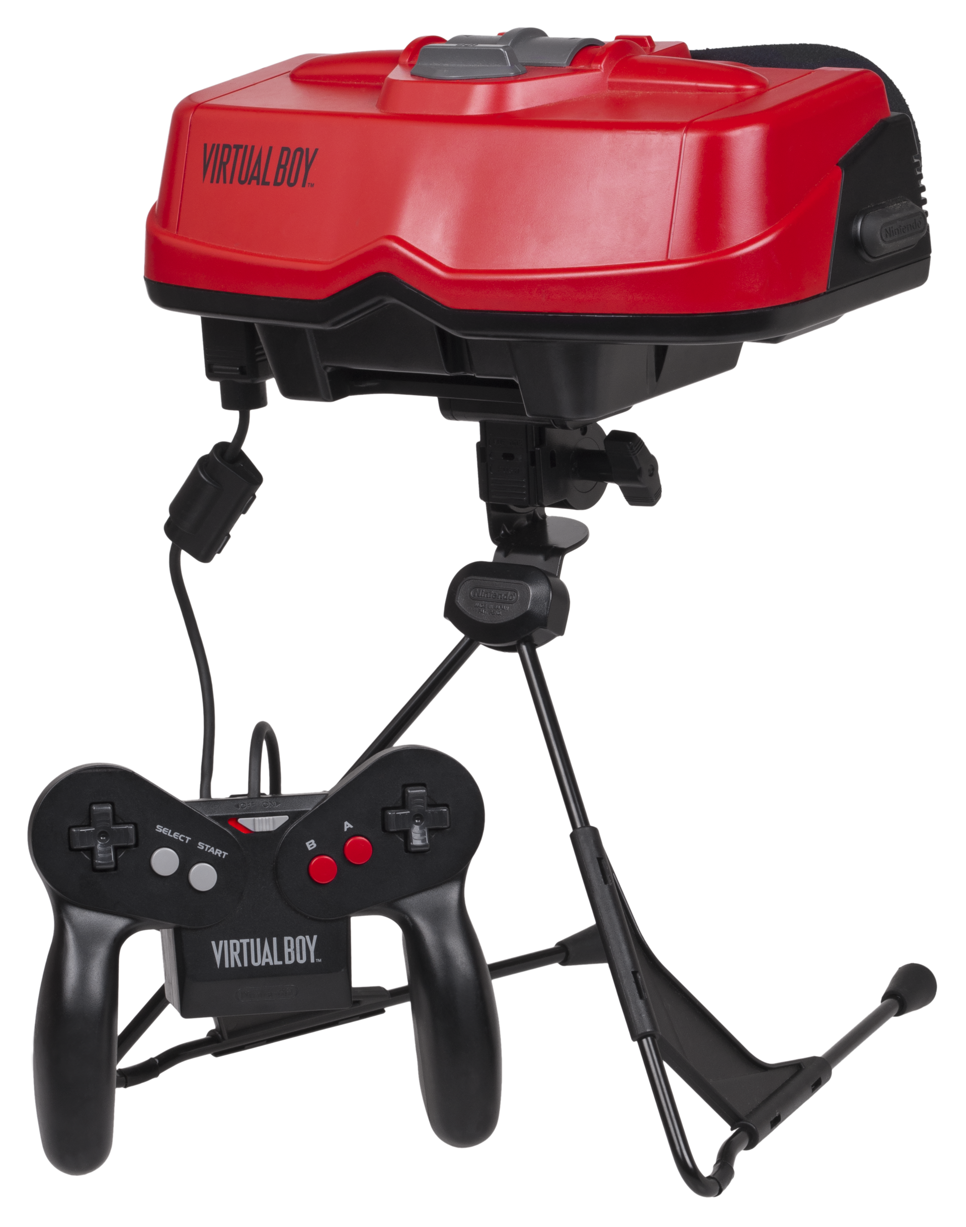 A North American Nintendo Virtual Boy: a tabletop red visor on an adjustable stand, with its controller