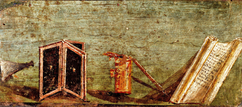 Roman fresco from Pompeii showing a scraper, a booklet of wax tablets, an inkpot and pen, and a papyrus roll